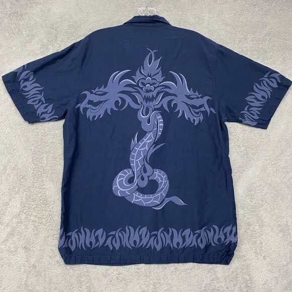 Utility Shirt Mens Medium Blue Dragon Camp Button Up‎ Cotton Short Sleeve Casual - Picture 5 of 6